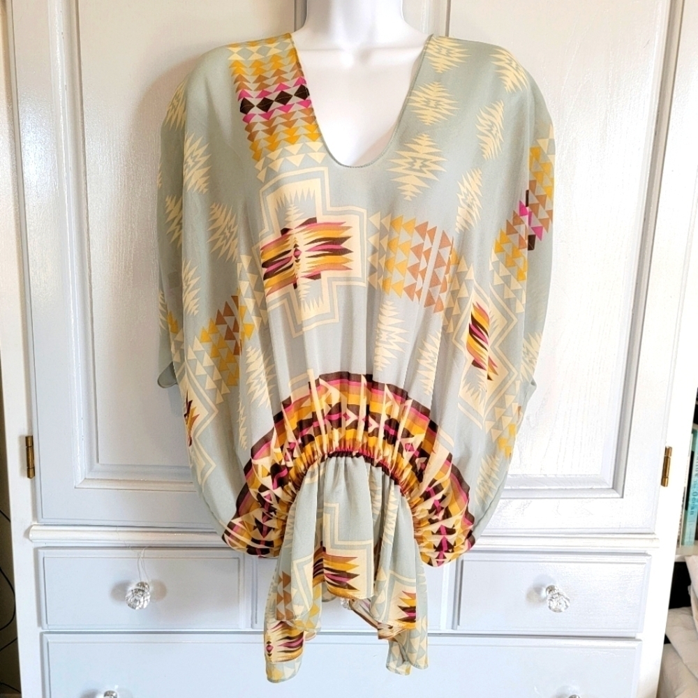 AQUA by Bloomingdales Shear Dolman Sleeve V Neck Aztec Blouse Light Blue S